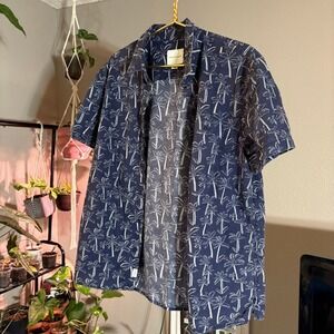 Mens Palm Tree Print Button Down Short Sleeve Casual Shirt L
